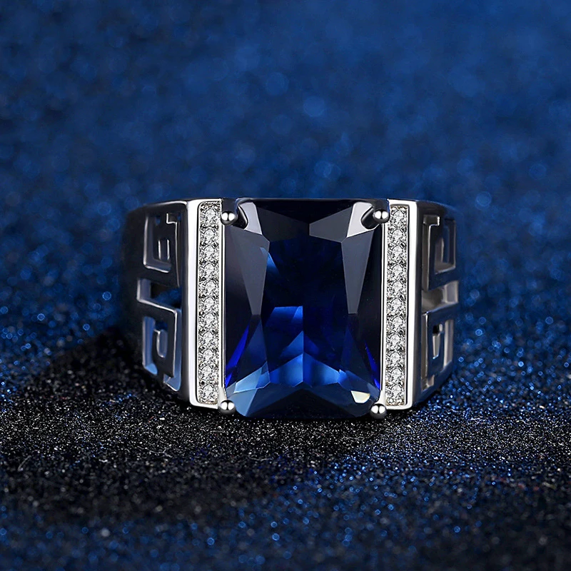 Silver Gemstone Ring Men Wedding Jewelry with Sapphire Zircon