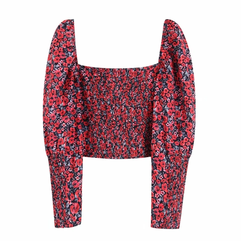 Flower Printingt Square Collar Women Slim Shirt Crop Tops Autumn Leisure Lady Puff Sleeve Blouse S6569