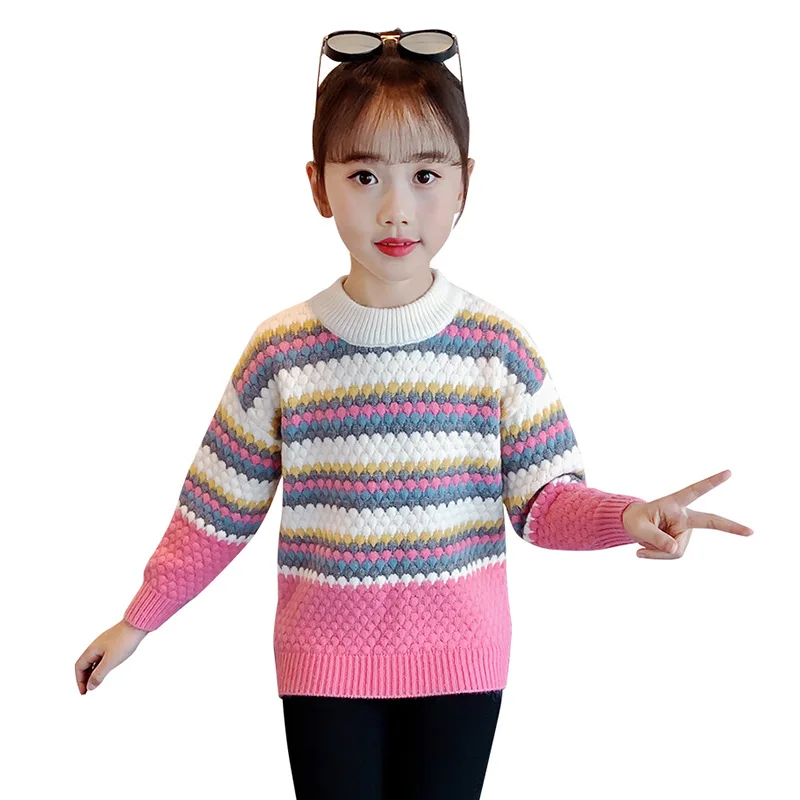 

Baby Girls Sweaters Winter Toddler Kids Stripe Knitted Warm Cotton Sweaters Children Pullovers Tops Clothes 3 6 8 10 12 14 Years