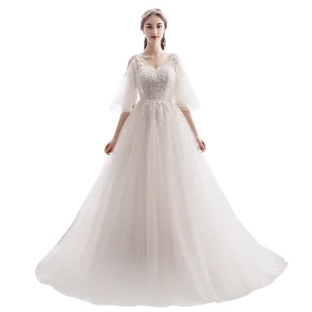 

Elegant V Neck A Line robe de mariee Wedding Dress Vintage Flare Sleeve Lace Up Sweep Train Bridal Dresses 2020