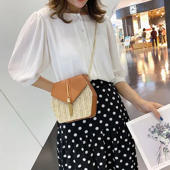 

2020 New Fashion Wild Western Style Korean Hexagon Multi Style Straw + Leather Handbag Chain Weave Shoulder Crossbody Bag
