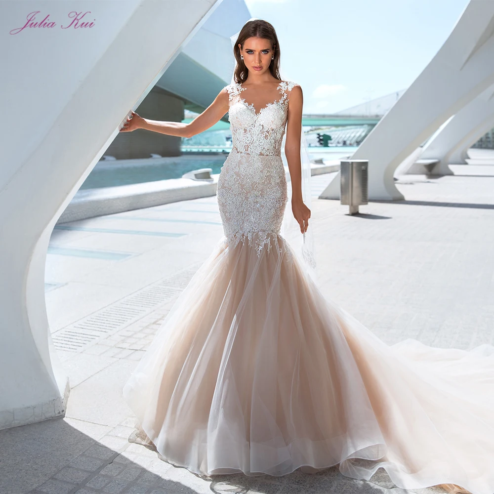 

Julia Kui Elegant Embroidery Appliques Mermaid Wedding Dresses Back With Button Sleeveless Bridal Gowns Vestidos De Novia