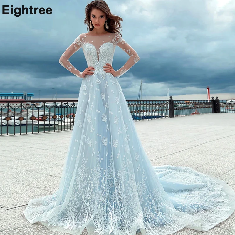 

Eightree Blue A-Line Tulle Wedding Dresses O Neck Full Sleeves Boho Wedding Gowns Lace Appliques 2021 Hot Sale Long Bridal Dress