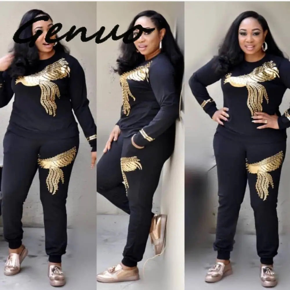 

Genuo 2019 на зиму и весну с длинным рукавом спортивный костюм спортивная одежда для офиса Феникс расшитая блестками футболка + штаны, 2 предмета Комплект женский комплект верхней одежды