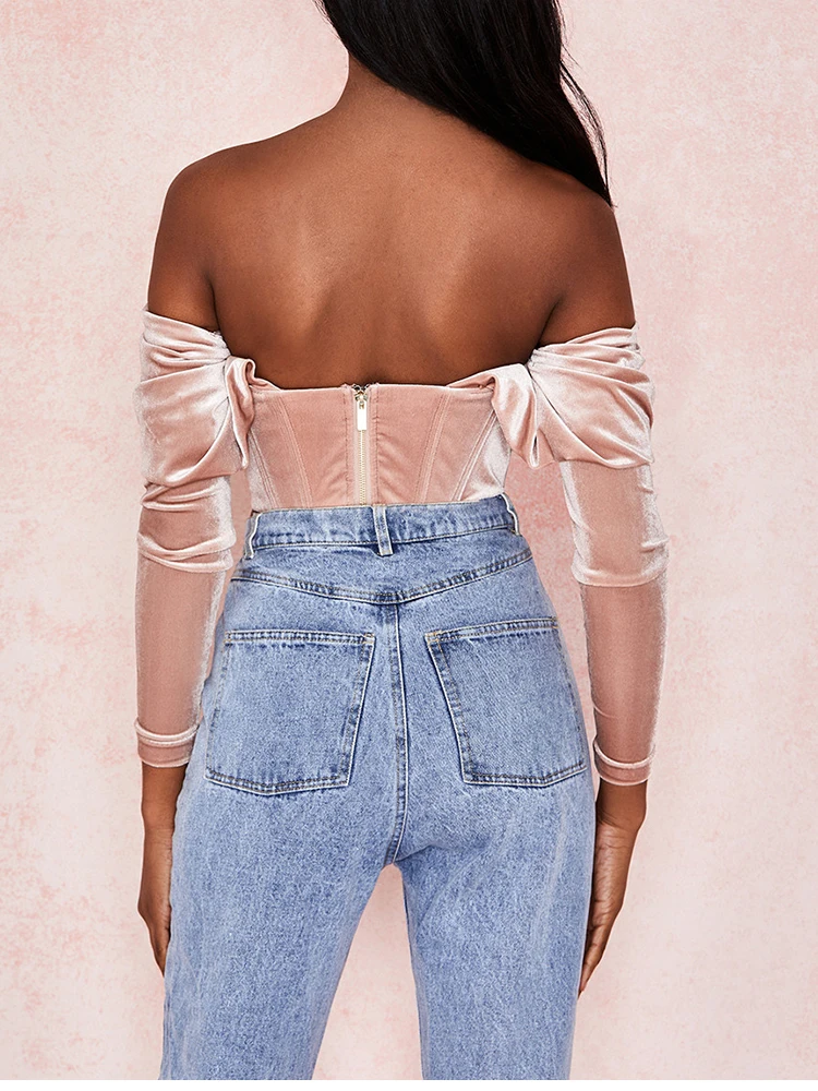 NewAsia Boning Corset Shirt Velvet Blouse Women Autumn Vintage Long Sleeve Ruched Off Shoulder Corset Tops Ladies Sexy Shirt New