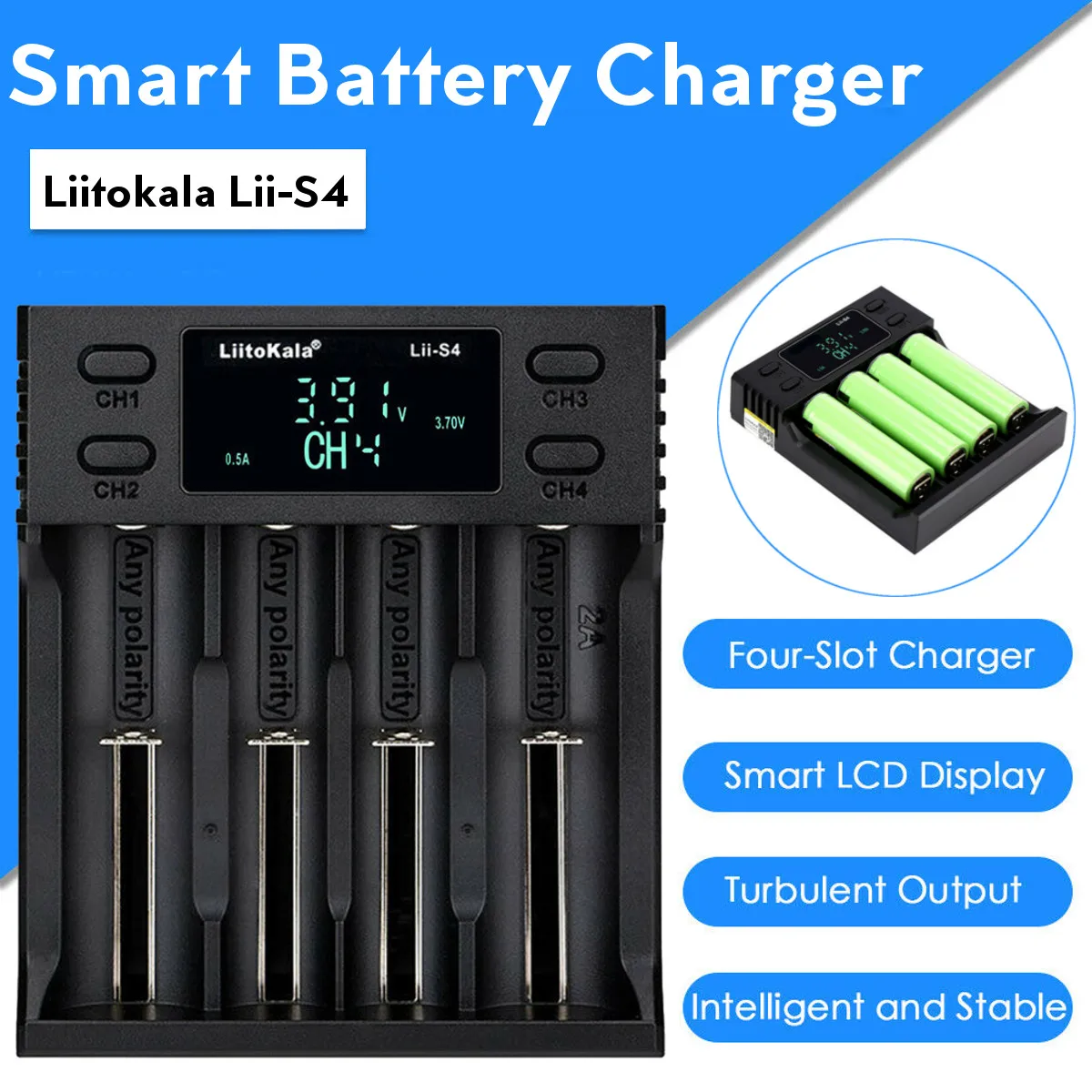 LiitoKala LII-S4 ЖК Смарт зарядное устройство 4 слота для 18650 26650 18350 1,2 в AA NiMH батарея