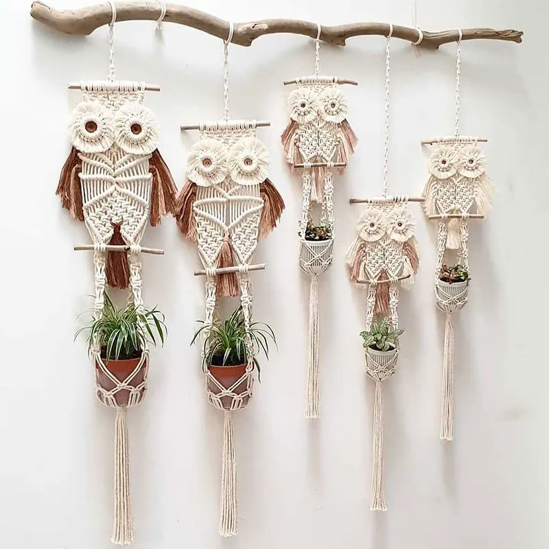 

Nordic Style Owls Rope Net Bag Cotton Macrame Wall Hanging Handmade Flower Pot Basket Tassels Dreamcatcher Home Decoration
