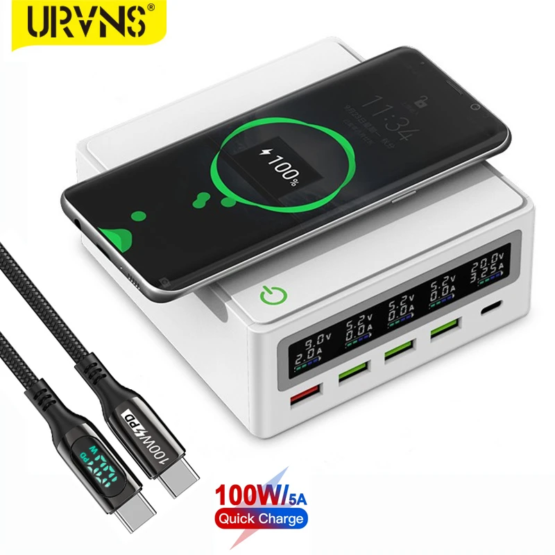 URVNS estación de carga USB múltiple para escritorio, cargador inalámbrico de 5 puertos con USB C, Puerto QC3.0, Cargador USB rápido de LCD, 130W|Cargadores de teléfono móvil| - AliExpress