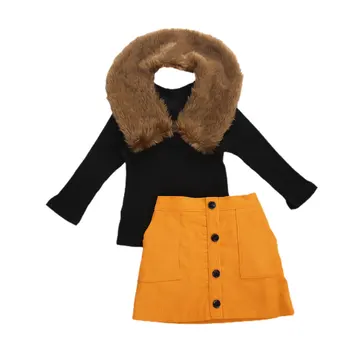 

3Pcs Infant Kids Baby Girls Ribbed Solid Knitted Tops Shirt +Corduroy Pocket Skirts +Fuzzy Scarf Warm Autumn Winter Set 2-7Years