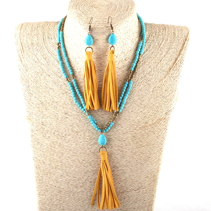

Fashion Jewelry Set Turq Stone Yelloy Tassel Choker Necklace Earring set