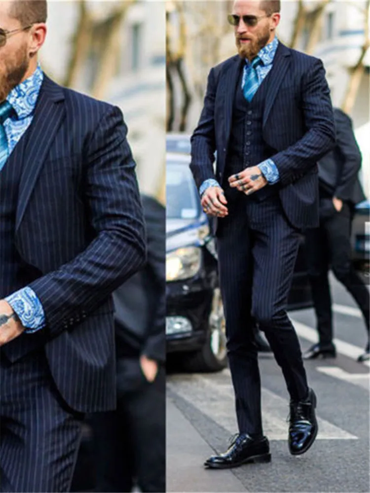 Классический мужской костюм Smolking Noivo Terno Slim Fit Easculino вечерние костюмы для мужчин Высокое качество темно-синий полосатый бизнес dre