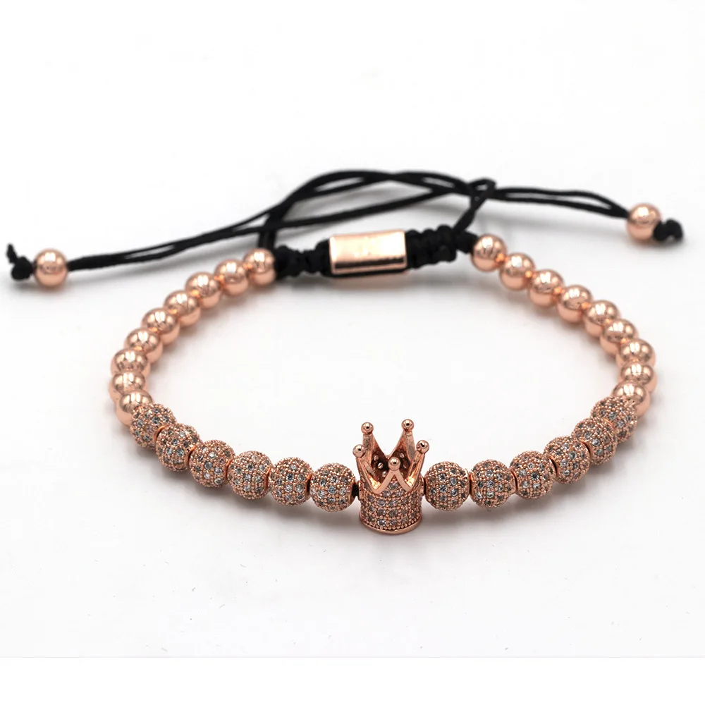 Luxury Jewelry CZ Ball Crown Charm Bracelet Copper Bead Macrame Handmade Men 3pcs Bracelets Set Bangles For Men Jewelry - Окраска металла: 6mm cz rose gold