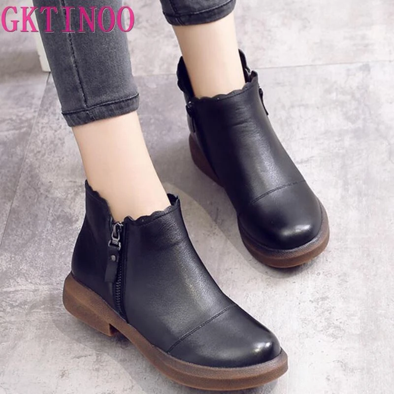 Botas de Auténtica para Mujer, Botines Planos Cuero Vacuno Suave, Estilo Vintage, con Cremallera Lateral, para Invierno, 2019|women genuine leather boots|genuine leather bootsflat booties - AliExpress