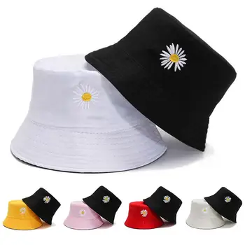 

Women Marguerite Embroidered Anti Sun Reversible Outdoor Beach Bucket Hat Cap