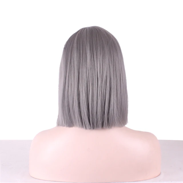 WoodFestival Short Straight Bob Synthetic Hair Wig With Bangs Cosplay Wigs For Women Pink Red Brown Blue Green White Purple Grey TB/Dark Grey