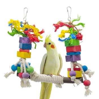 

Pet Bird Parrot Chew Toy Bird Perch Leather Colorful Wood Building Block Cotton Rope Big Conure Swing For Pet Birds WF923