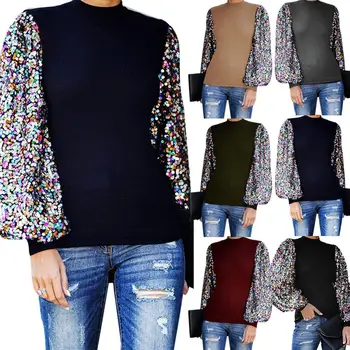 

Trendy Women Solid Color Turtle Neck Stitching Long Sequins Sleeve Blouse Top Women Mesh Sheer Blouse Long Sleeve Shirt Female