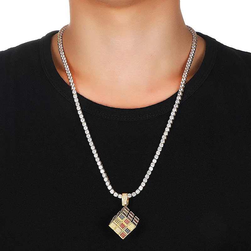 US7 Bling Square Dice Pendant Necklace Copper Gold Silver Color Iced Out Cubic Zircon Men Hip Hop Jewelry Street Danc Gift