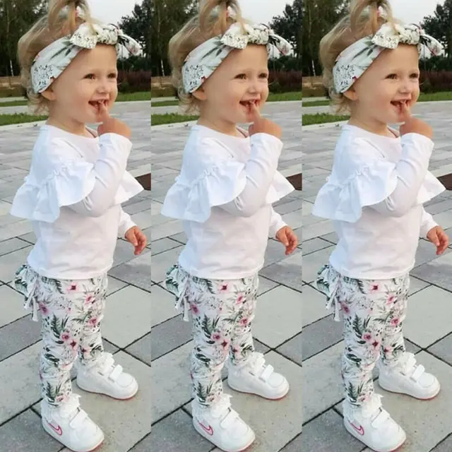 Baby Clothing Set Solid Top Print Pant Girl Ruffle Floral Tops Pants Leggings 3pcs Outfits Clothes 1-5 Years 2