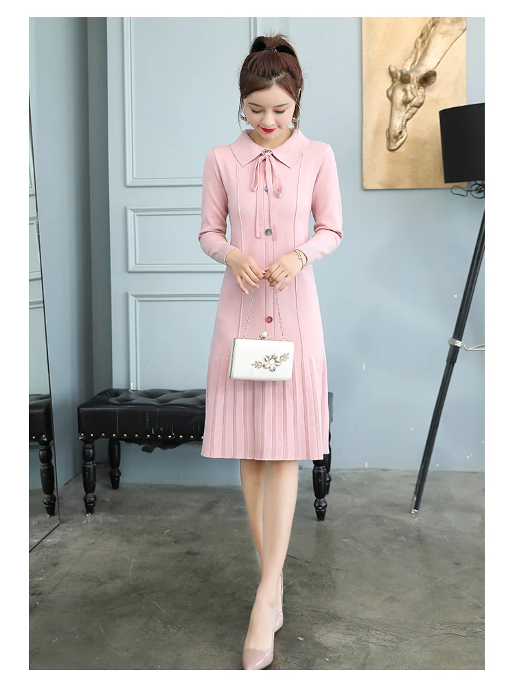 Bowknot Women Knit Dress Turn Down Pleated Hem Midi Knit Dress Korean Sweet Elegant Slimming Autumn Winter Women Dress - Цвет: Pink