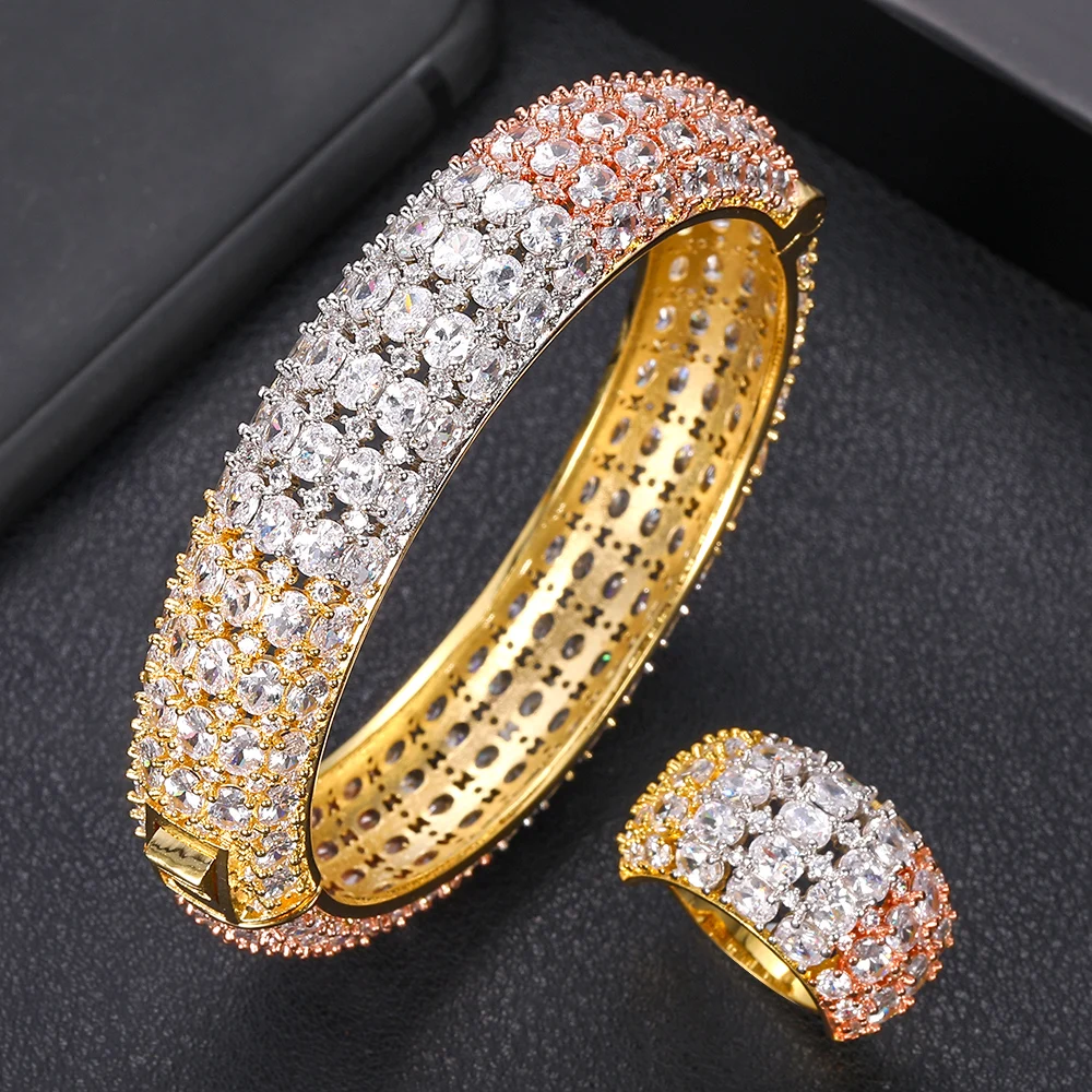 jankelly Luxury Saudi Arabia Bangle Ring Set For Women Full Micro Cubic Zircon Pave Party Wedding Saudi Arabic Dubai Jewelry Se