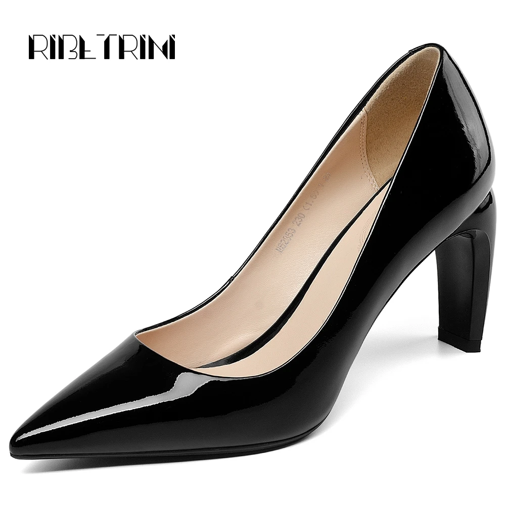 

RIBETRINI Women Strange Heel Pumps 2019 Genuine Leather High Heel Shoes Woman Pointed Toe Office Work Pumps Size 33-39