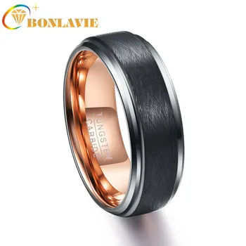 

Man 's Rings 7-12 8MM Width Vacuum Plating Black Matte Surface Polished Rose Gold Inner Ring Tungsten Carbide Ring T033R