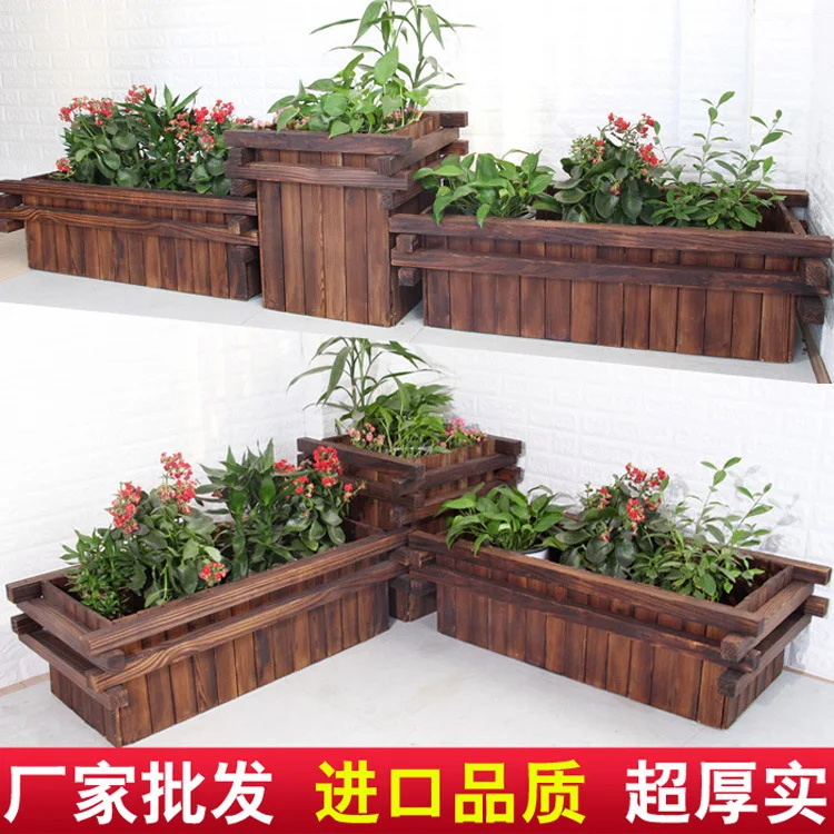 

Rectangular Outdoor Antiseptic Preservative Wood Pots Carbonized Wood Flowerpot Square Solid Wood Flowerpot Indoor Logs Creative