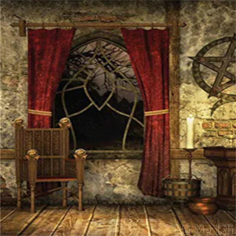 Gothic Ancient Pentagram Symbol And Red Curtains In Mystical Medieval Chamber Theme Cloth Fabric Bathroom Decor Sets | Дом и сад