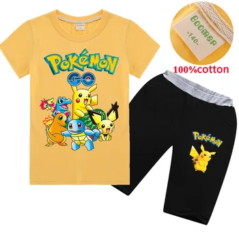 

Children's Summer Boy Cotton Cartoon Suit Short Sleeve Pokemon T-shirt + Shorts Teen Boys Pikachu Sports Baby Girl Clothes Set