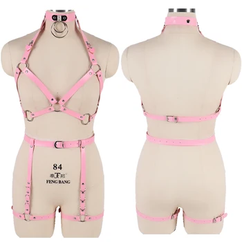 

Pink Leather Bra Cage Tops Stocking Belt Full Body Bondage Harness Set Dress Erotic Accessories Adjust Goth Rave Leather Belt