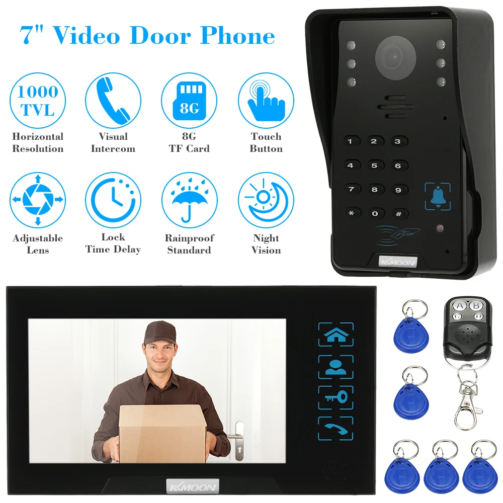 

KKmoon 7" Wired Video Door Phone System Record/Snapshot Visual Intercom Doorbell support Touch Button ID Card/Code/Remote Unlock