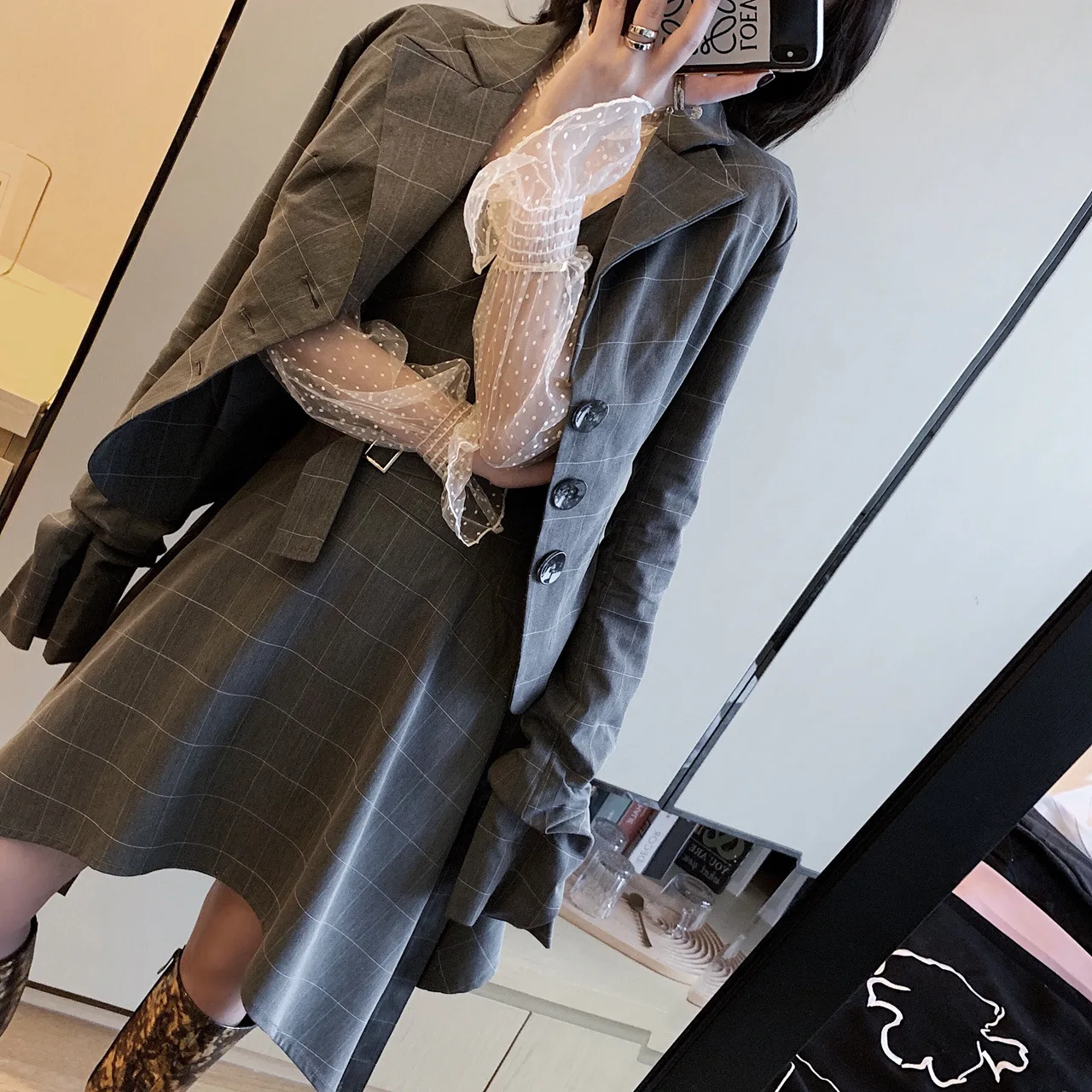 T3746 Spring Clothing New Style Coat Casual Plaid Small Suit Women's Long-Sleeve Fold-down Collar Pattern Slimming Suit Wom