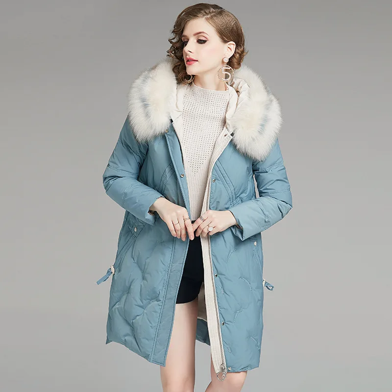 Blue Высокое качество, натуральный мех, пуховик, Женская куртка, натуральный Лисий мех, пальто, женская Повседневная зимняя верхняя одежда, белый утиный пух, длинная куртка - Цвет: Blue