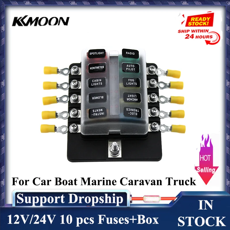 10pcs Car Boat Marine Caravan Truck Fuses+terminals 10 Way Blade Fuse