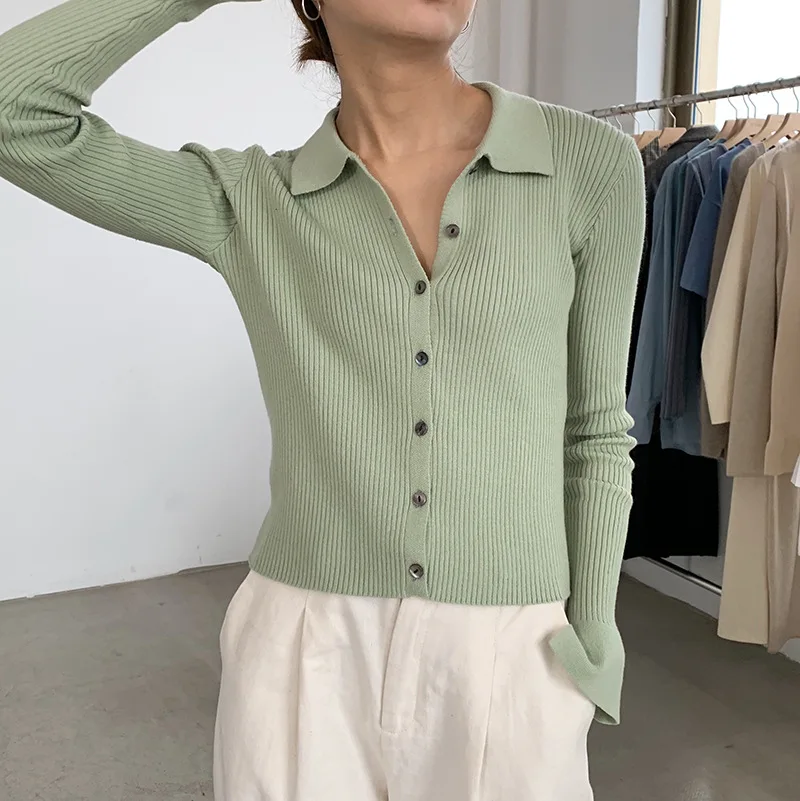 

Rib Knitted Collar Crop Cardigan Women Vintage Short Cardigans