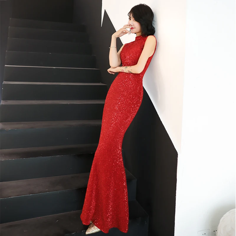 It's YiiYa Evening Dress Sequined Tank High Collar Formal Dresses Evening Gown Zipper Plus Size Sleeveless Robe De Soiree K107