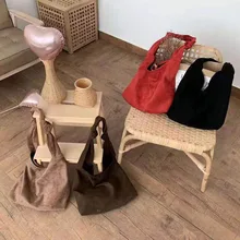 Винтажная одноцветная Женская Студенческая сумка через плечо из овечьей шерсти, сумка-тоут, Эко сумка для покупок, вместительная сумочка