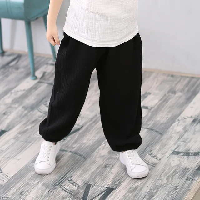 2-7 Yrs Linen Pleated 2022 Baby Boys Girls Summer Cotton Harem Baggy Pants Kids Clothes Children Sweatpants Trousers Breathable black