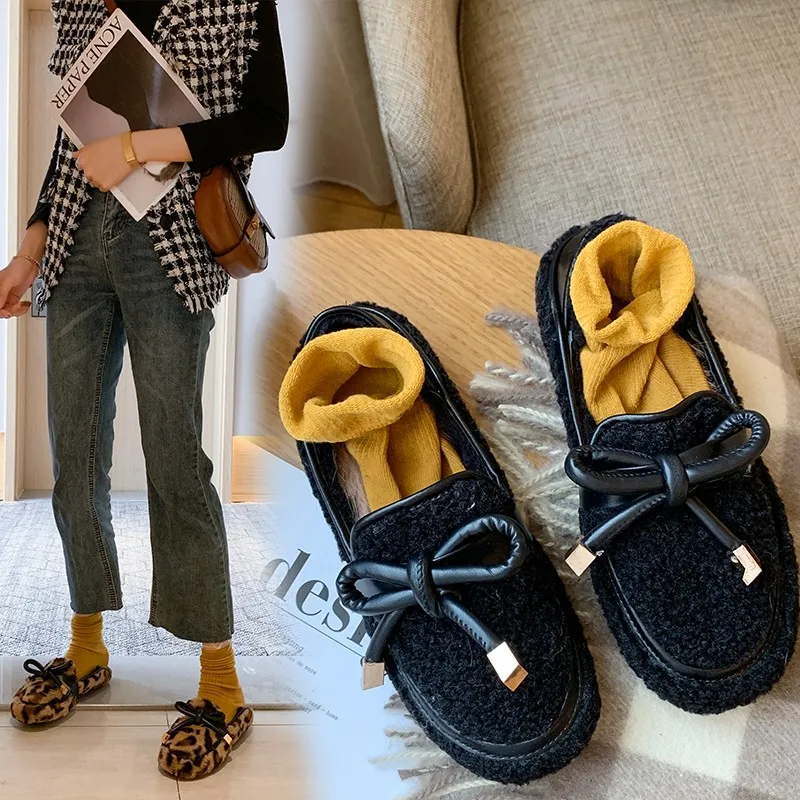 

Shoes Woman Flats Loafers Fur Slip-on Round Toe Women's Moccasins Bow-Knot Casual Female Sneakers Modis Shallow Mouth Dress
