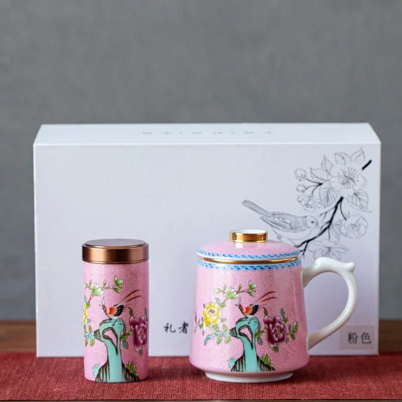 

Enamel White Porcelain Mug Water Cup with Lid, Jingdezhen Ceramic Tea Cup Gift, with Tea Filter