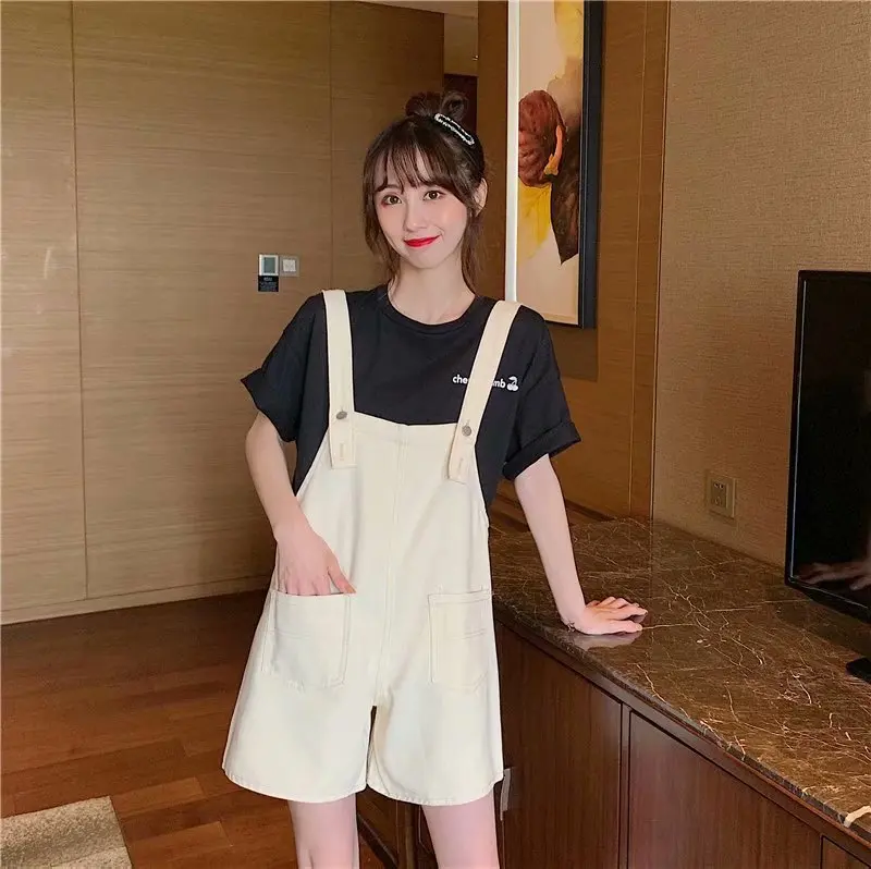 

Age-reduced denim overalls female Korean version of loose summer thin section tide brand white black Siamese shorts were thin