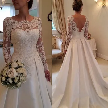 

Cheap Long Sleeve Wedding Dresses 2015 Sale Satin Lace A Line Open Back Boho Bridal Gowns Custom Made China Vestido De Noiva