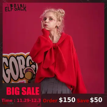 

ELFSACK Red Solid Tie Neck Sweety Pullover Women Sweaters 2019 Winter Bow Sweet Pure Lantern Sleeve Office Laides Daily Tops