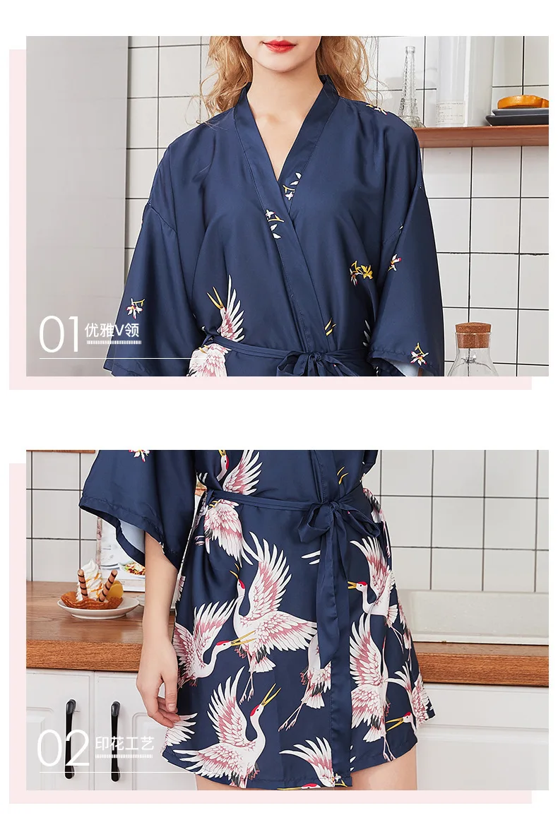Women Night Robe Sleepwear Dress Imitated Silk Fabric Long Sleeve Women Robes Short Sexy Cute Bathrobe Summer Tracksuit Apparel
