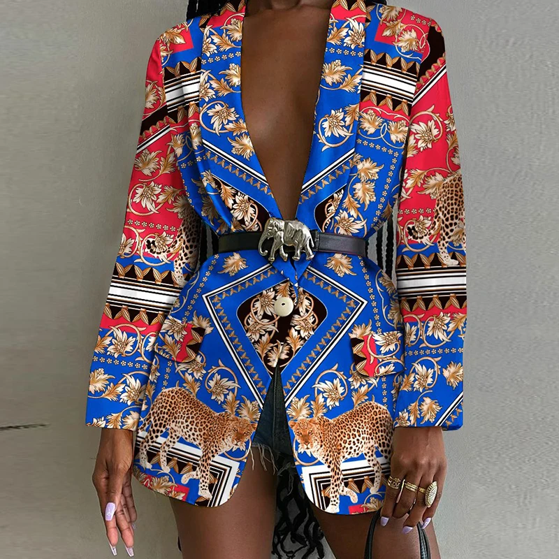 Turn-down Collar All Over Print Single Button Blazer Women Casual Jacket Elegant Abstract Graphic Work Coat Blazers For Women