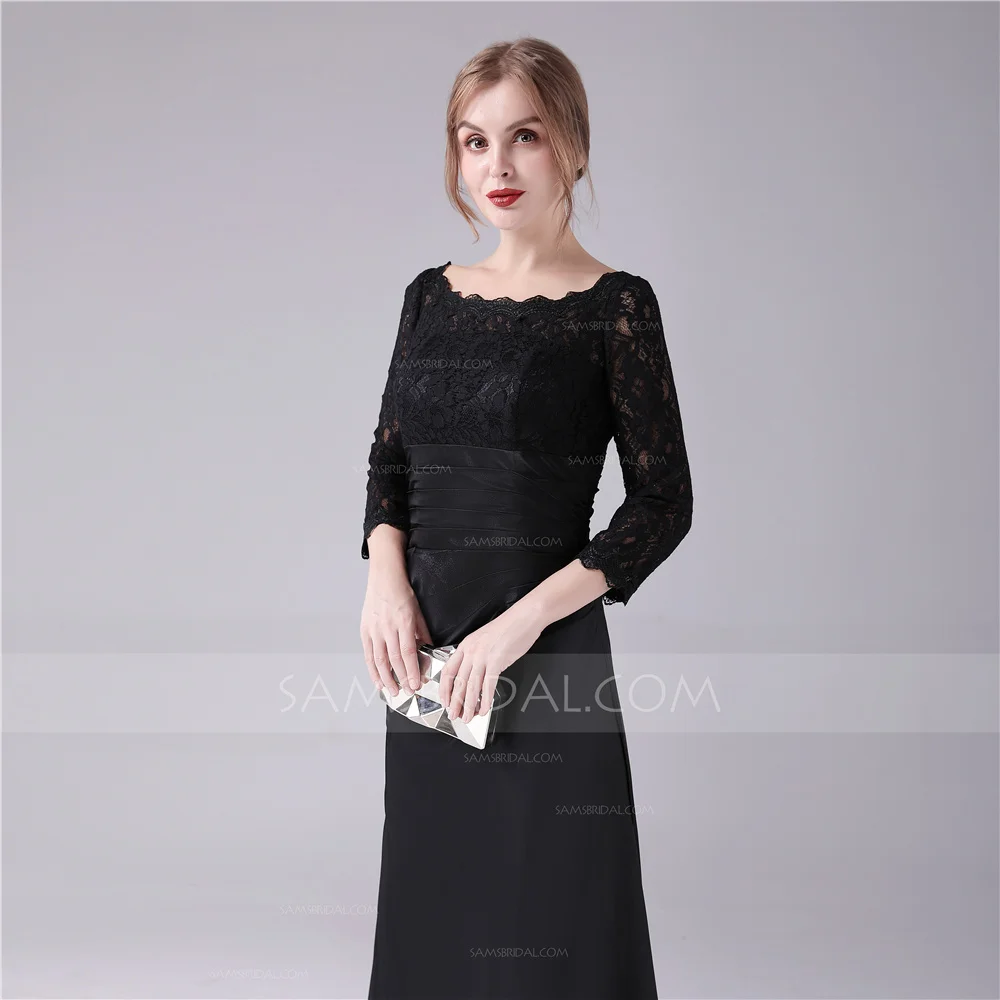 Sheath / Column Jewel Floor-length Chiffon Lace Evening Dress with Ruched Side-Draped