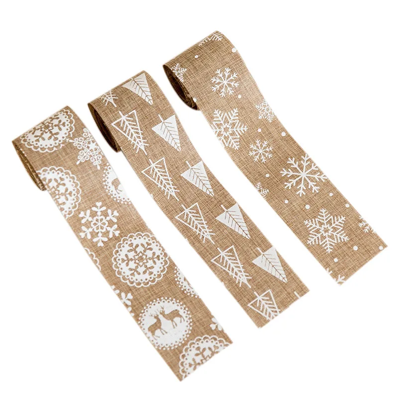 2 м Рождественская лента из натуральной джутовой мешковины в рулонах, Hessian печатная лента, Рождественская Снежинка, декоративная лента для новогодних, рождественских, рождественских, вечерние