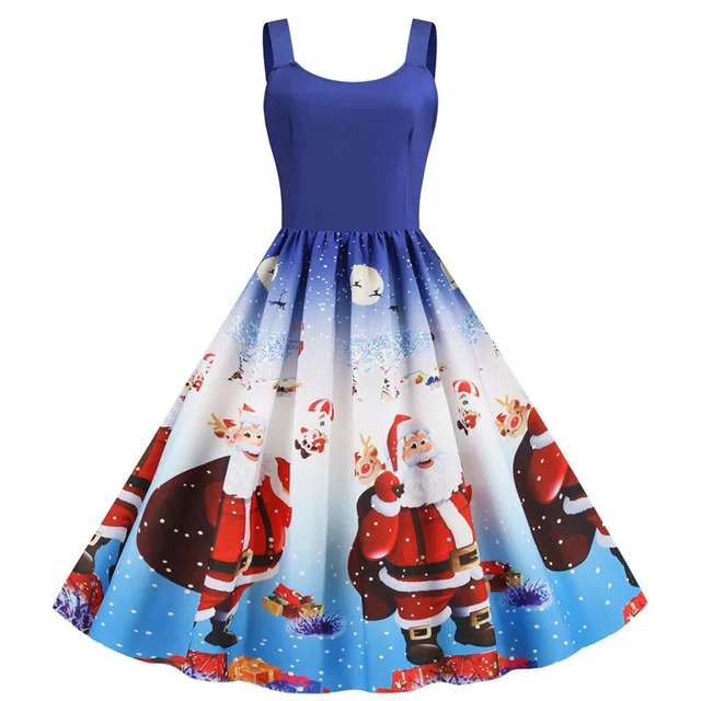 2022 Winter Christmas Women Sexy Spaghetti Strap Swing Party Dress Vintage Robe Santa Snowflake Print Vestidos Plus Size 4