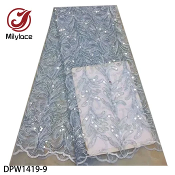 

Milylace 2020 French lace fabric blue color shiny sequins tulle lace fabric with embroidery 5 yards for party wedding DPW1419